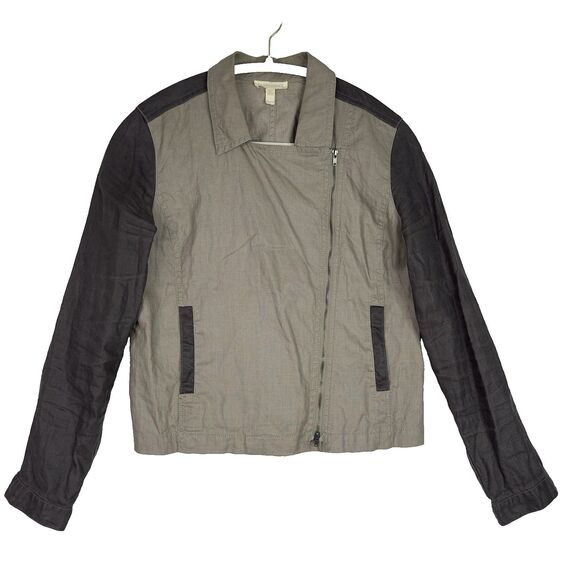 Eileen Fisher Coated Organic Linen Jacket Asymmetrical Zip Petite M Stone Moto - Picture 2 of 16